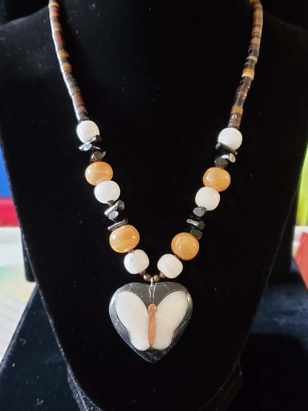Southwest Stone Butterfly Heart Pendant Necklace Boho Agate Heishi